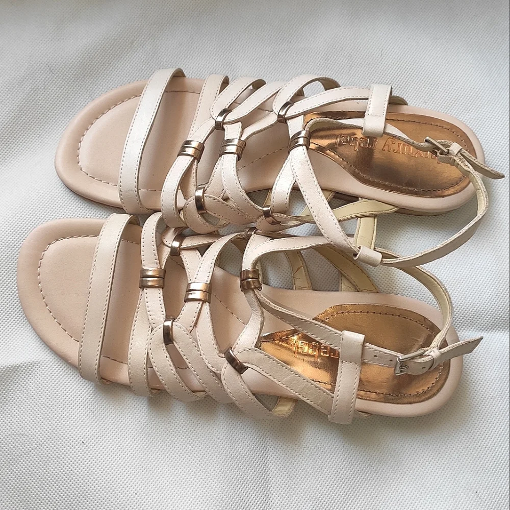 Luxury Rebel Blush Leather Designer Strappy Low Wedge Sandal